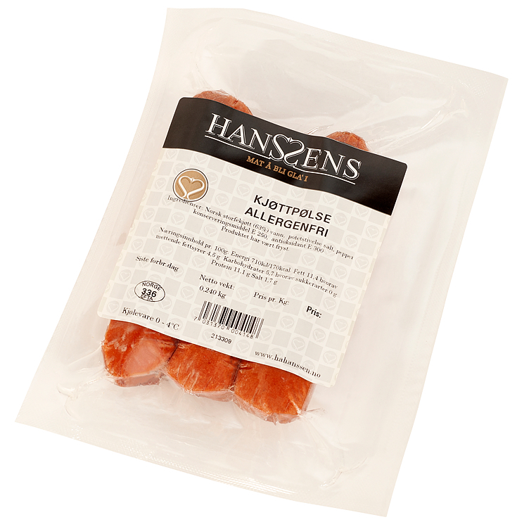 Kjøttpølse allergenfri u/skinn 3pk   240g